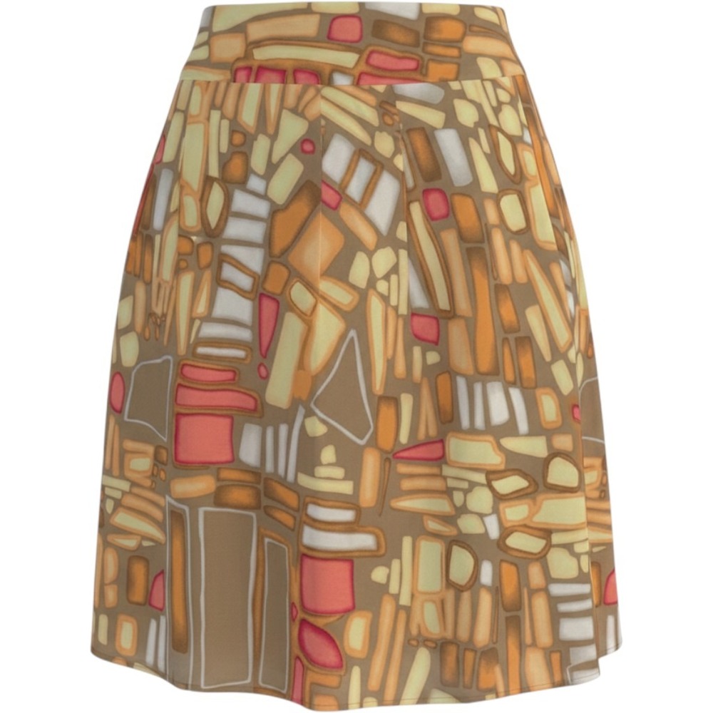 Geometric Abstract Chiffon Swing Skirt Tan Pink Orange Artsy Avant Garde Lined